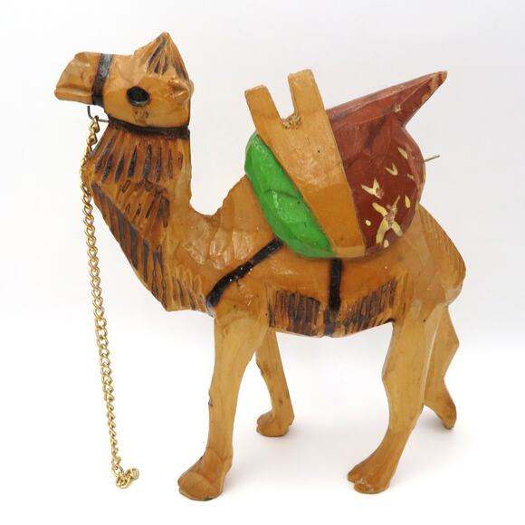 Pair of Hand Carved Wooden Camels 6” Folk Art Painted Figures Vintage Boho Decor - Picture 4 of 11